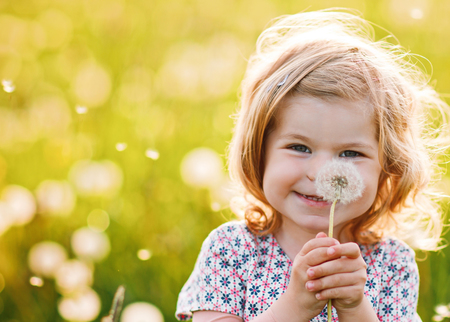 Adorable cute little baby girl blowing on a dandelion flower on the nature in the summer. Happy healthy beautiful toddler child with blowball, having fun. Bright sunset light, active kid.